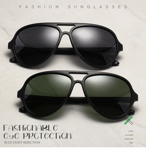 Detail of pilot-style polarized sunglasses with matte black frames and color-coated lenses