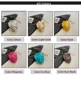 Detailed grid view showing heart-shaped metal evening bags in six vibrant metallic finishes