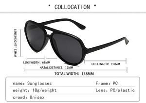 Detailed dimension guide for oversized TAC polarized aviator sunglasses with frame measurements