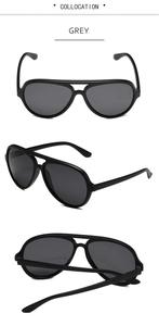 Three views of grey polarized aviator sunglasses showing front, side, and folded frame