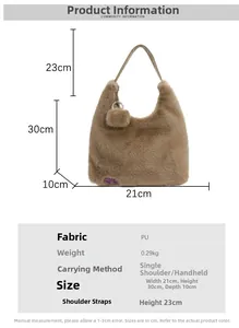 Brown plush shoulder bag size details with PU fabric and fashion label closeup