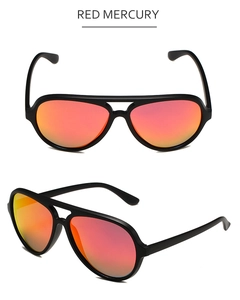 Detail of pilot polarized sunglasses with black frames and red mercury mirrored lenses