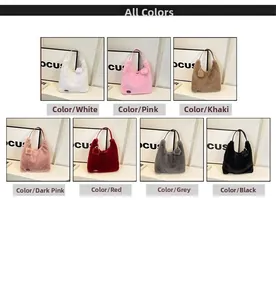 Showcase of seven plush hobo bags in white, pink, khaki, red, grey, and black