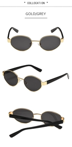 Tre viste di occhiali da sole ovali vintage con montatura in metallo oro e lenti grigie