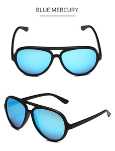 Detail of pilot sunglasses with blue mercury reflective lenses and black frames