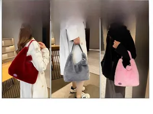 Three-way view of soft faux fur crossbody bags in burgundy, grey, and pink colors