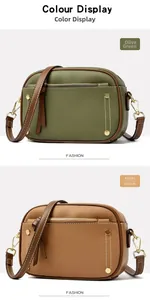 Detailed views of crossbody shell handbags in olive green and khaki with lychee grain