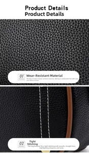 Detail view of black lychee texture leather with contrast brown edges and white stitching