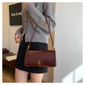 Close-up side view of a deep reddish-brown leather handbag with gold buckle and slim strap