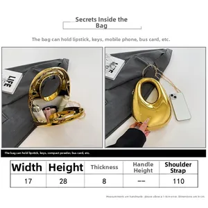 Detailed size chart for acrylic evening bag with metallic chain and dimensions
