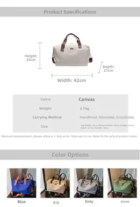 Detailed size specifications and color options for the canvas outdoor travel duffel bag