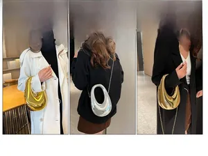 Three-way view of metallic acrylic clutch bag showing shoulder and crossbody wear options