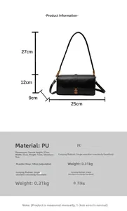 Size guide for black PU crossbody bag with 25x12x9cm dimensions and adjustable strap