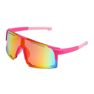 Pink sports cycling sunglasses with rainbow polarized wrap-around lens for outdoor activities