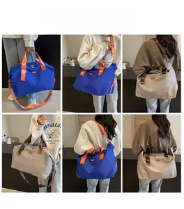 Collage of women carrying a color-block travel tote bag in crossbody and shoulder styles