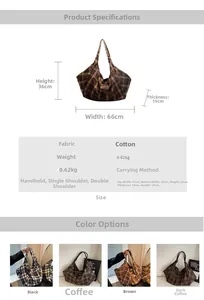 Detail specifications of plaid tote bag showing dimensions and four color options