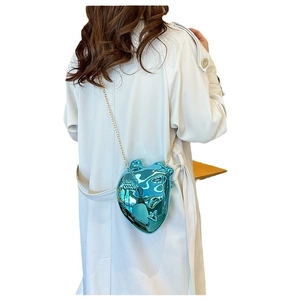 Artistic anatomical heart crossbody bag in metallic electroplated blue with gold chain