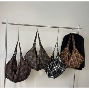 Women Large Capacity Plaid Tote Bag Vintage Woolen Fabric Shoulder Crossbody Hobo Bag Soft Casual