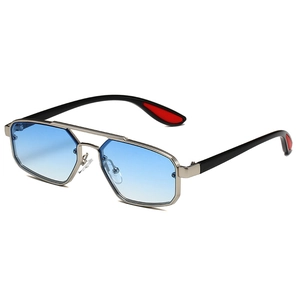 Lunettes de soleil modernes en métal argenté à double pont et verres dégradés bleus chic