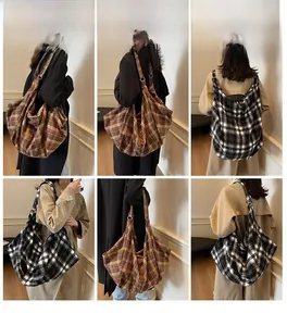 Detailed views of hobo tote bag in brown and black-white plaid tweed patterns