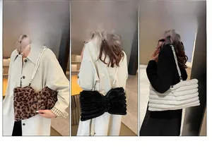 Detailed view of plush bow handbag with leopard print and pearl bead strap options