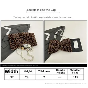 Detailed size chart for leopard print plush handbag with faux fur and pearl chain