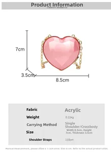 Detailed size specifications of pink acrylic heart mini bag with golden chain measurements