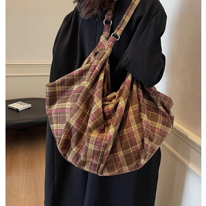 Retro oversized plaid knit hobo tote bag with silver rings and soft checkered pattern