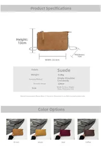 Detailed size specifications and flat suede chain crossbody bag measurements in four colors