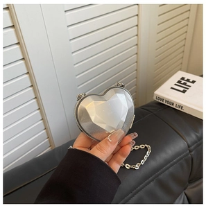 Detailed macro view of a silver heart-shaped acrylic chain bag with geometric facets