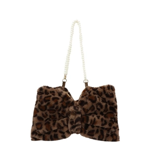 Faux fur leopard print bow handbag with elegant white faux pearl handle strap