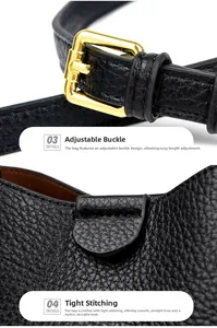 Macro view of adjustable gold buckle and precise stitching on black litchi leather bag