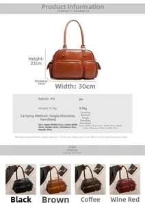 Detailed size chart and multi-color display of retro PU leather shoulder tote bag