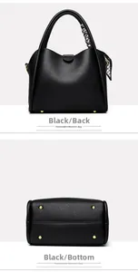 Detailed back and bottom view of black lychee leather handbag with decorative scarf