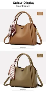 Close-up of litchi texture leather handbags with decorative silk scarves in amber and olive brown