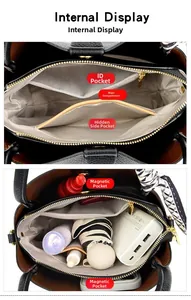 Internal view of black pebbled leather handbag showing organized multi-compartment storage