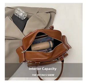 Internal capacity of brown matte tote bag showing space for a tablet and water cup