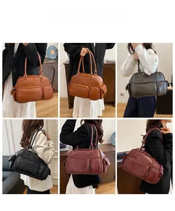 Collage of model wearing vintage PU leather messenger bags in four classic autumn colors