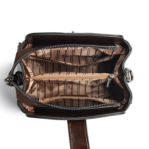 Internal view of dark brown PU bucket bag showing multi-compartment lining and zipper