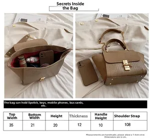 Size guide for PU leather shoulder bag showing dimensions 35x21x20cm and capacity details