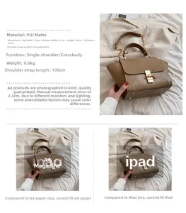 Detailed size specifications for bicolor PU handbag showing dimensions and A4 comparison