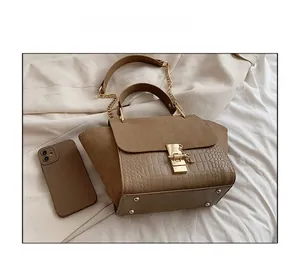 Close-up of brown colorblock handbag with crocodile texture and gold metal clasp