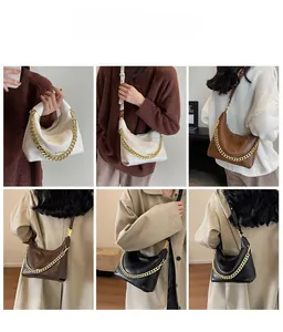 Detailed views of stylish hobo bags with chunky gold chains in white, tan, and black leather