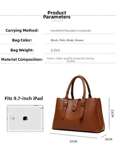 Brown PU leather tote bag details with dimensions and 9.7-inch iPad capacity view