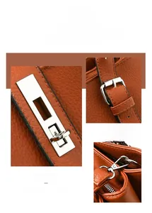Detail view of caramel PU tote featuring metal swivel lock, adjustable strap and smooth zipper