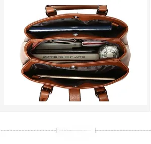 Top view of brown PU tote bag interior with multiple compartments and daily items