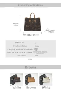 Detailed size specifications for tote bag showing dimensions of 39x32x17.5cm and weight
