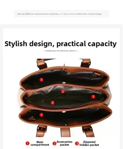 Detail view of large capacity tote bag interior with multiple compartments and dark lining