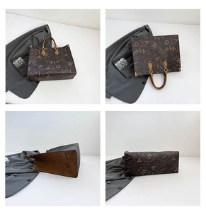 Detailed four-way view of large brown tote bag with letter print and leather handles