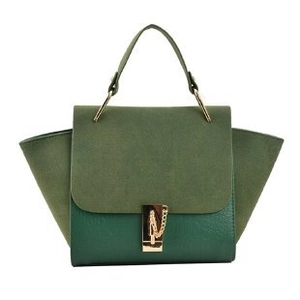 Women's color-block trapezoid handbag with gold lock and metal chain in dark green leather